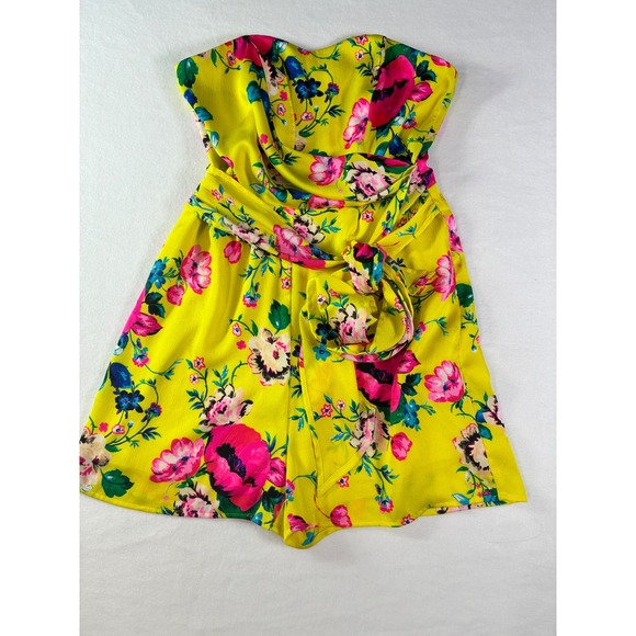 Express Pants - Express Bright Yellow Floral Strapless Romper Sweetheart Neckline Size 2
